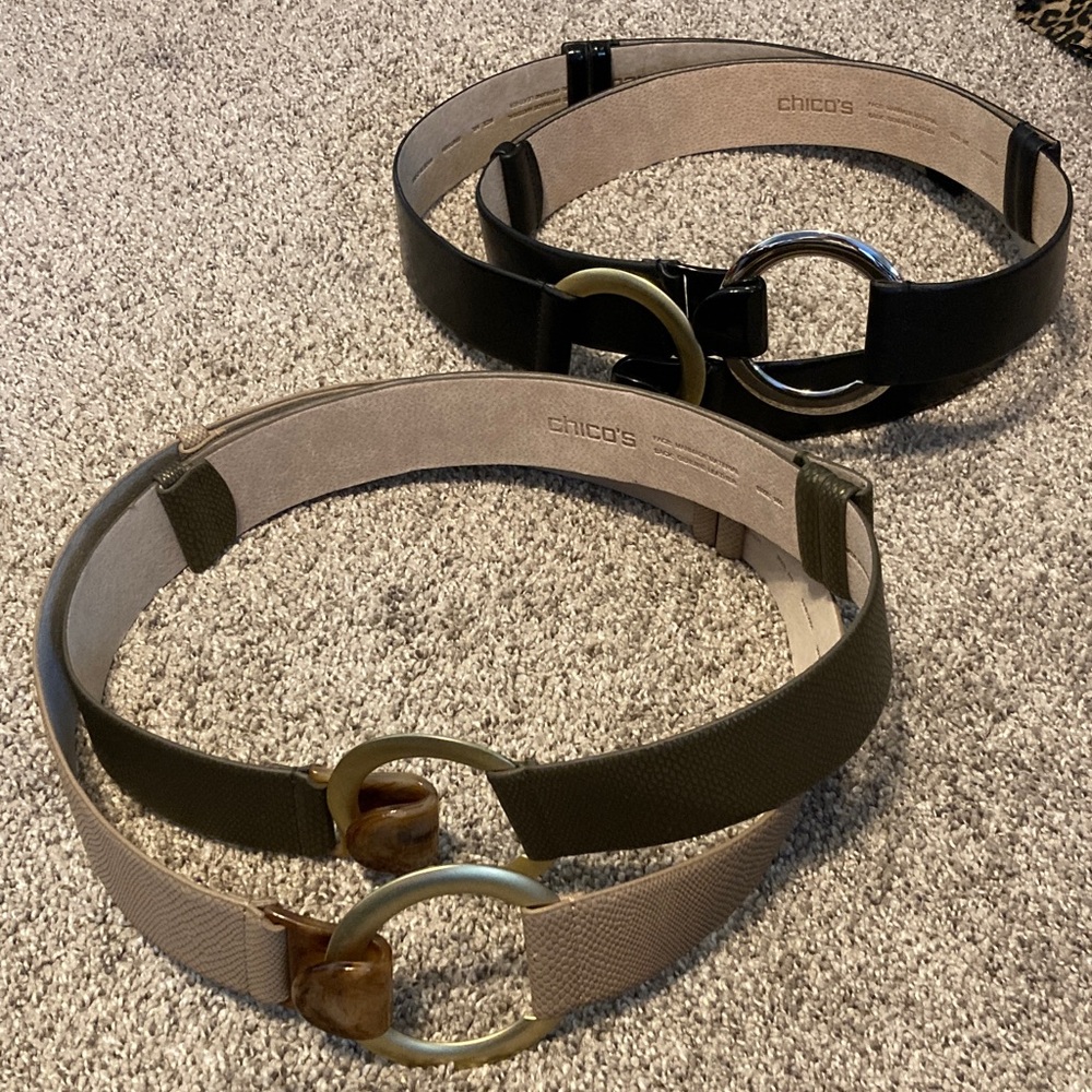 Chico's Black, green and tan Belts w/Circular Buckles. Adjustable length, NWOT
